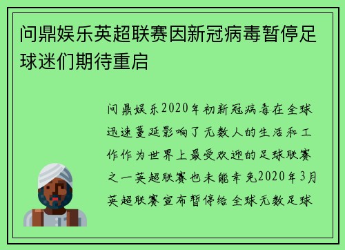 问鼎娱乐英超联赛因新冠病毒暂停足球迷们期待重启