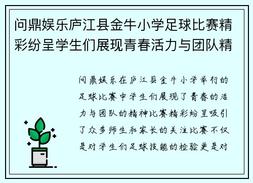 问鼎娱乐庐江县金牛小学足球比赛精彩纷呈学生们展现青春活力与团队精神